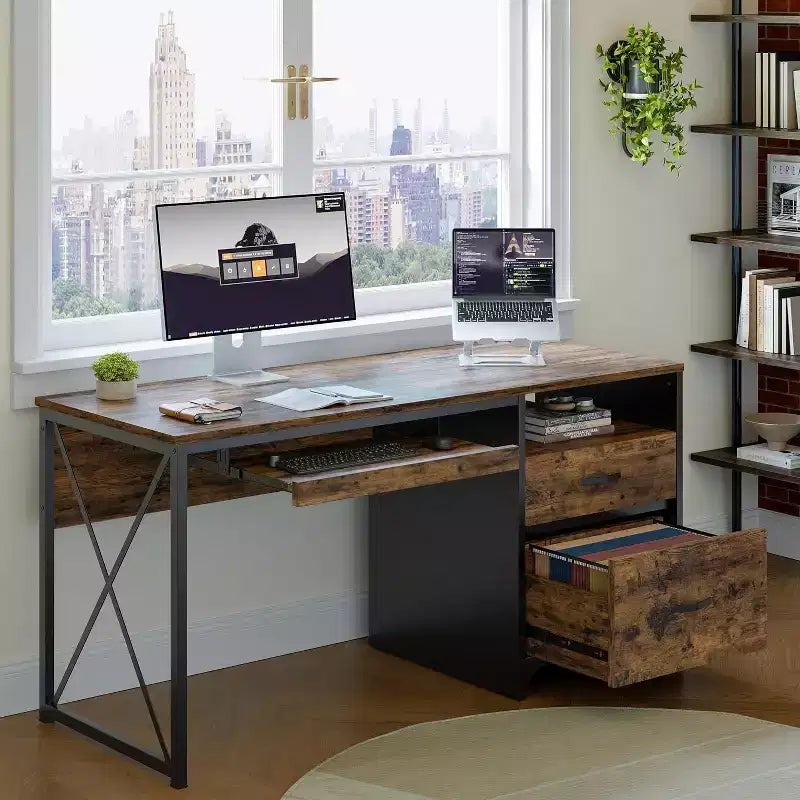 Bureau d'ordinateur Bestier 55'' avec tiroir pour clavier et tiroirs classeurs, bureau industriel avec rangement, bureau en bois pour professeur pour bureau à domicile