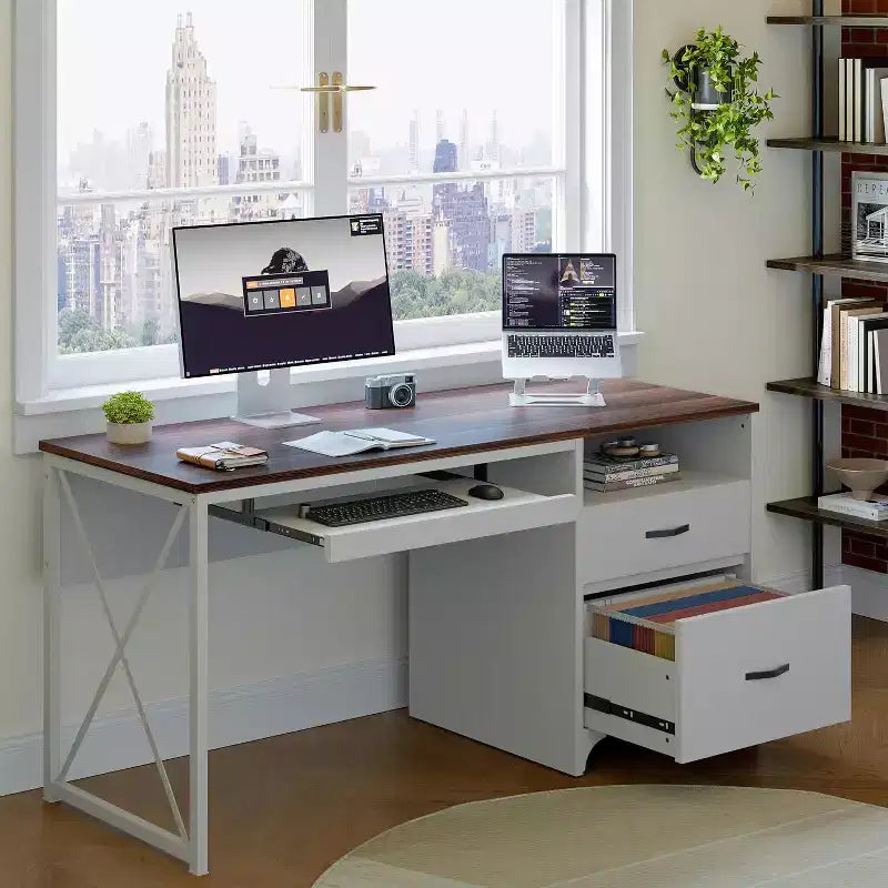 Bureau d'ordinateur Bestier 55'' avec tiroir pour clavier et tiroirs classeurs, bureau industriel avec rangement, bureau en bois pour professeur pour bureau à domicile