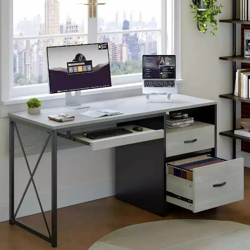 Bureau d'ordinateur Bestier 55'' avec tiroir pour clavier et tiroirs classeurs, bureau industriel avec rangement, bureau en bois pour professeur pour bureau à domicile
