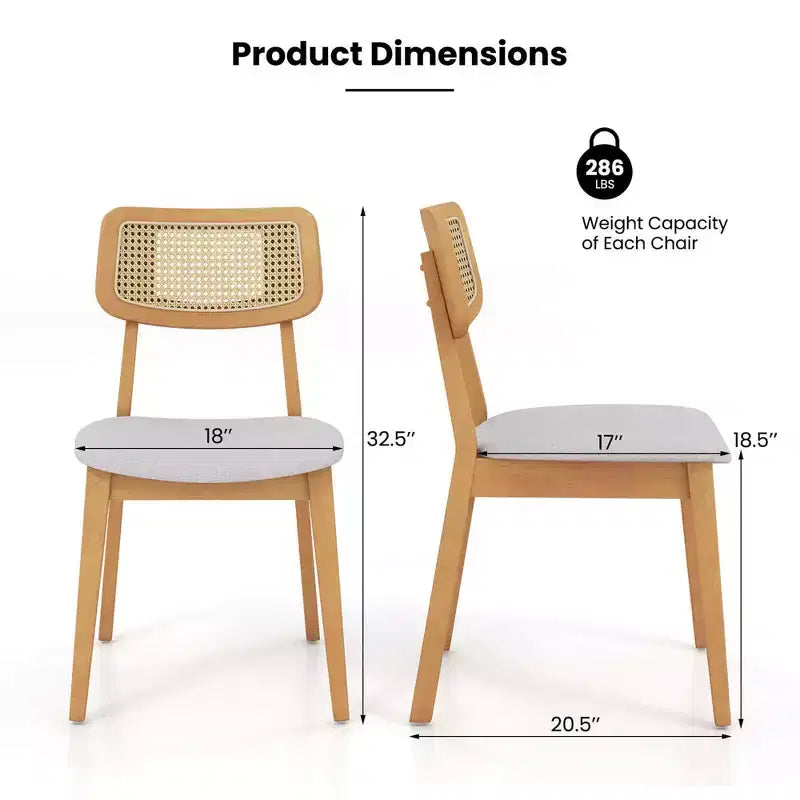 Costway Lot de 2/4 chaises de salle à manger en bois de rotin avec dossier en cannage, cadre en bois d'hévéa et assise rembourrée