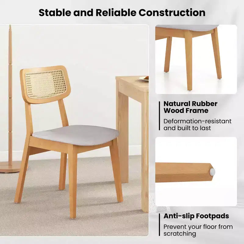 Costway Lot de 2/4 chaises de salle à manger en bois de rotin avec dossier en cannage, cadre en bois d'hévéa et assise rembourrée