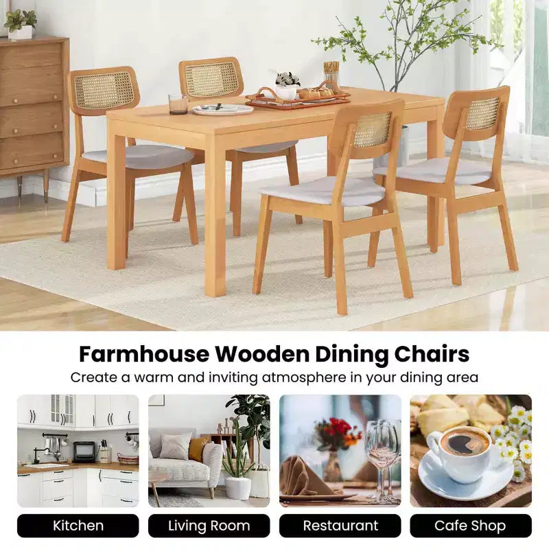 Costway Lot de 2/4 chaises de salle à manger en bois de rotin avec dossier en cannage, cadre en bois d'hévéa et assise rembourrée