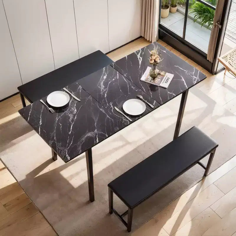 Ensemble table de cuisine extensible 3 pièces VECELO 63" avec bancs, salle à manger moderne pour 8/6/4 personnes, noir/marron/blanc