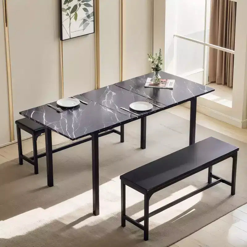 Ensemble table de cuisine extensible 3 pièces VECELO 63" avec bancs, salle à manger moderne pour 8/6/4 personnes, noir/marron/blanc