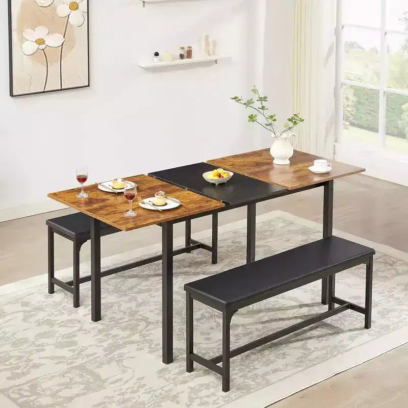 Ensemble table de cuisine extensible 3 pièces VECELO 63" avec bancs, salle à manger moderne pour 8/6/4 personnes, noir/marron/blanc
