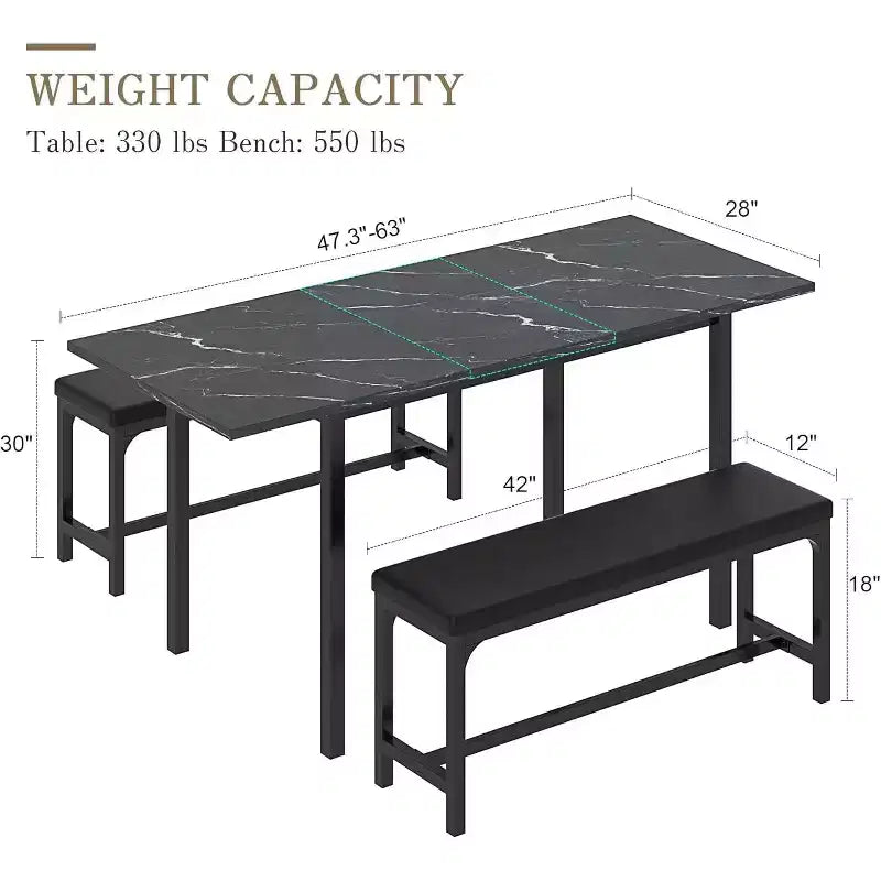 Ensemble table de cuisine extensible 3 pièces VECELO 63" avec bancs, salle à manger moderne pour 8/6/4 personnes, noir/marron/blanc