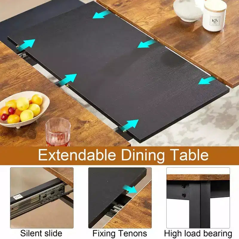 Ensemble table de cuisine extensible 3 pièces VECELO 63" avec bancs, salle à manger moderne pour 8/6/4 personnes, noir/marron/blanc