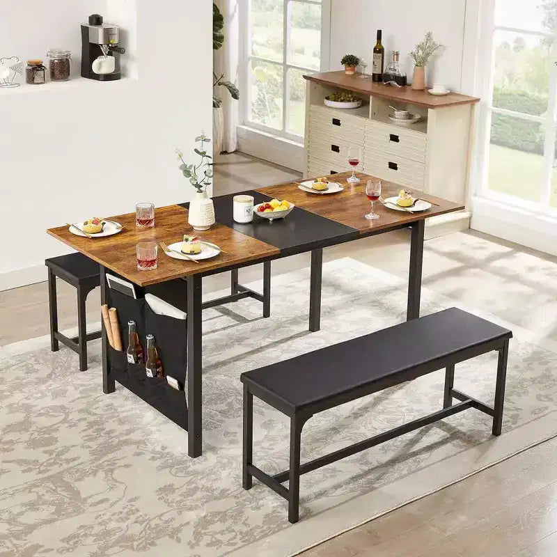 Ensemble table de cuisine extensible 3 pièces VECELO 63" avec bancs, salle à manger moderne pour 8/6/4 personnes, noir/marron/blanc