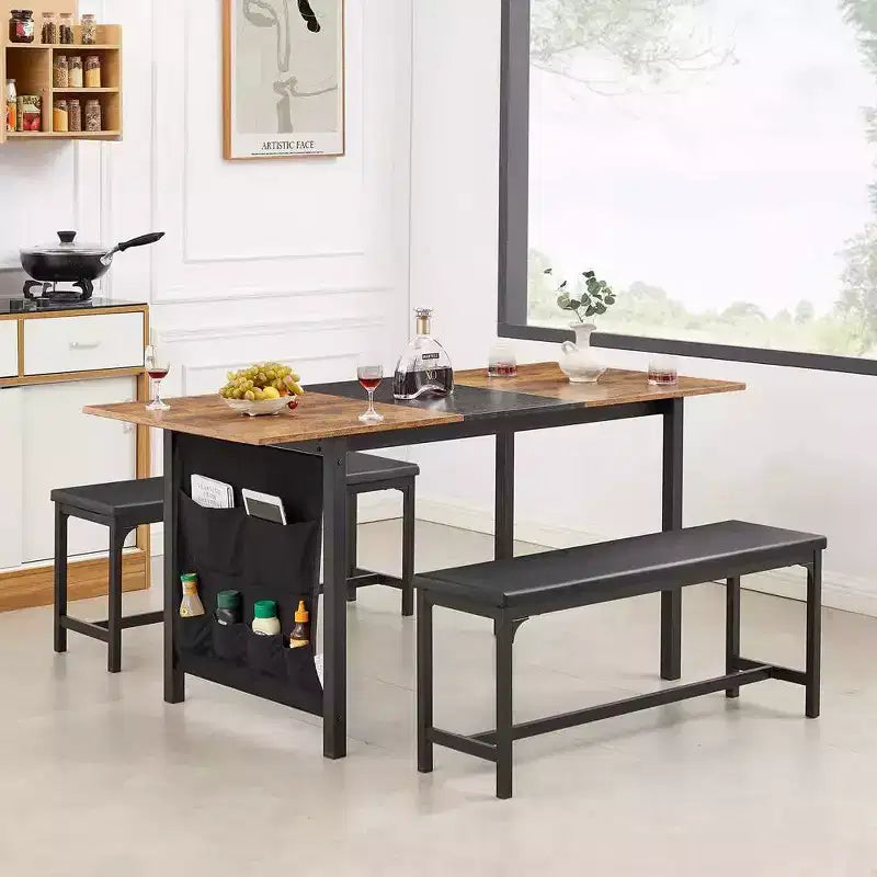 Ensemble table de cuisine extensible 3 pièces VECELO 63" avec bancs, salle à manger moderne pour 8/6/4 personnes, noir/marron/blanc