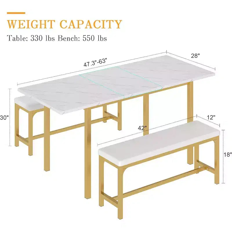 Ensemble table de cuisine extensible 3 pièces VECELO 63" avec bancs, salle à manger moderne pour 8/6/4 personnes, noir/marron/blanc