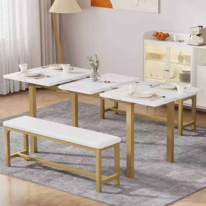 Ensemble table de cuisine extensible 3 pièces VECELO 63" avec bancs, salle à manger moderne pour 8/6/4 personnes, noir/marron/blanc
