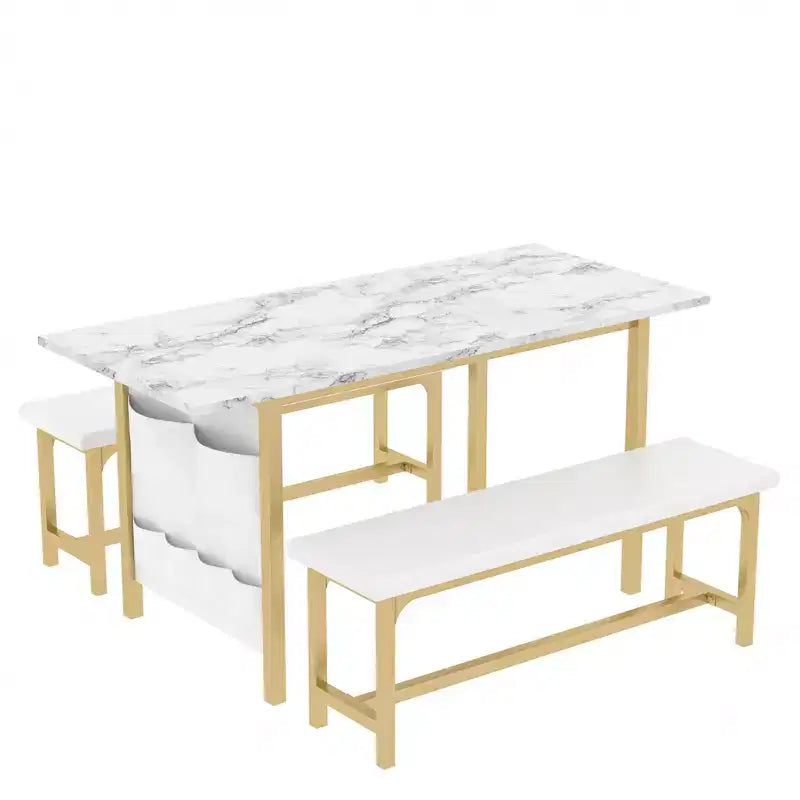Ensemble table de cuisine extensible 3 pièces VECELO 63" avec bancs, salle à manger moderne pour 8/6/4 personnes, noir/marron/blanc