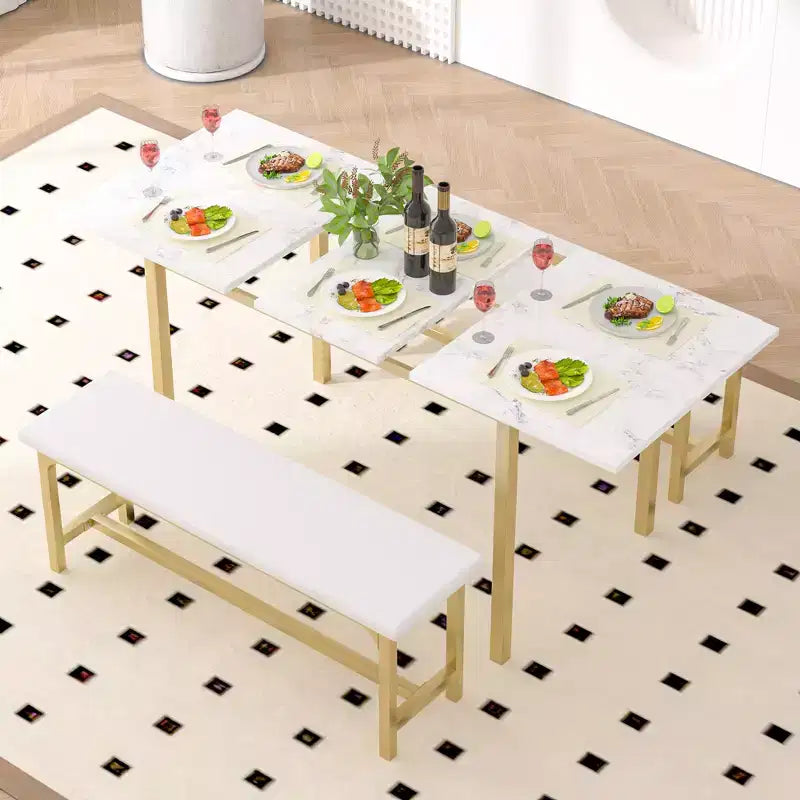 Ensemble table de cuisine extensible 3 pièces VECELO 63" avec bancs, salle à manger moderne pour 8/6/4 personnes, noir/marron/blanc