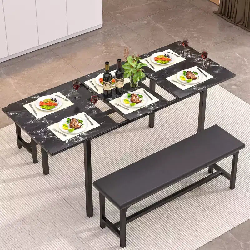 Ensemble table de cuisine extensible 3 pièces VECELO 63" avec bancs, salle à manger moderne pour 8/6/4 personnes, noir/marron/blanc