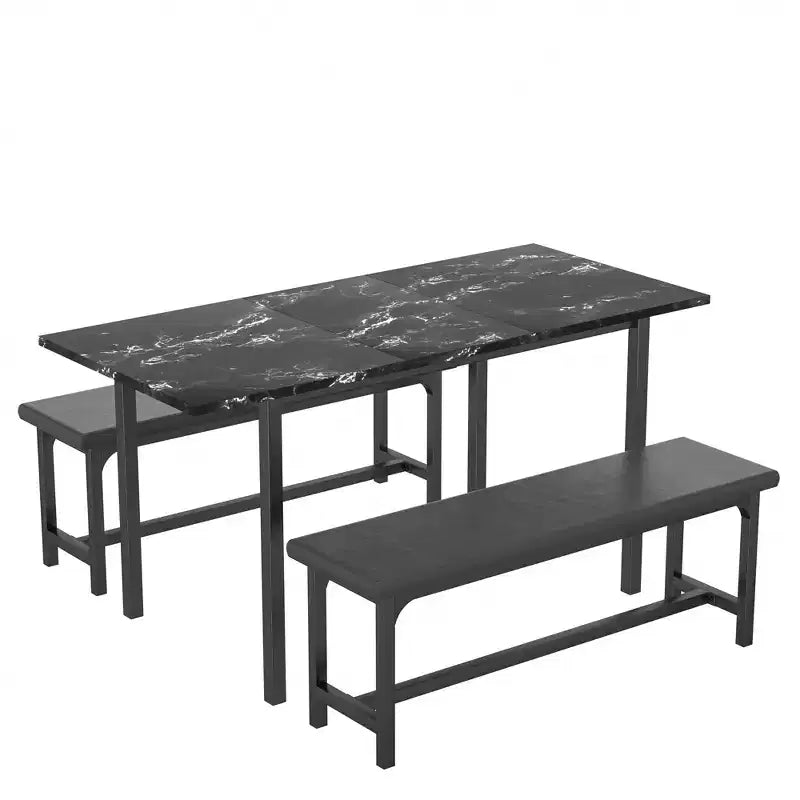 Ensemble table de cuisine extensible 3 pièces VECELO 63" avec bancs, salle à manger moderne pour 8/6/4 personnes, noir/marron/blanc