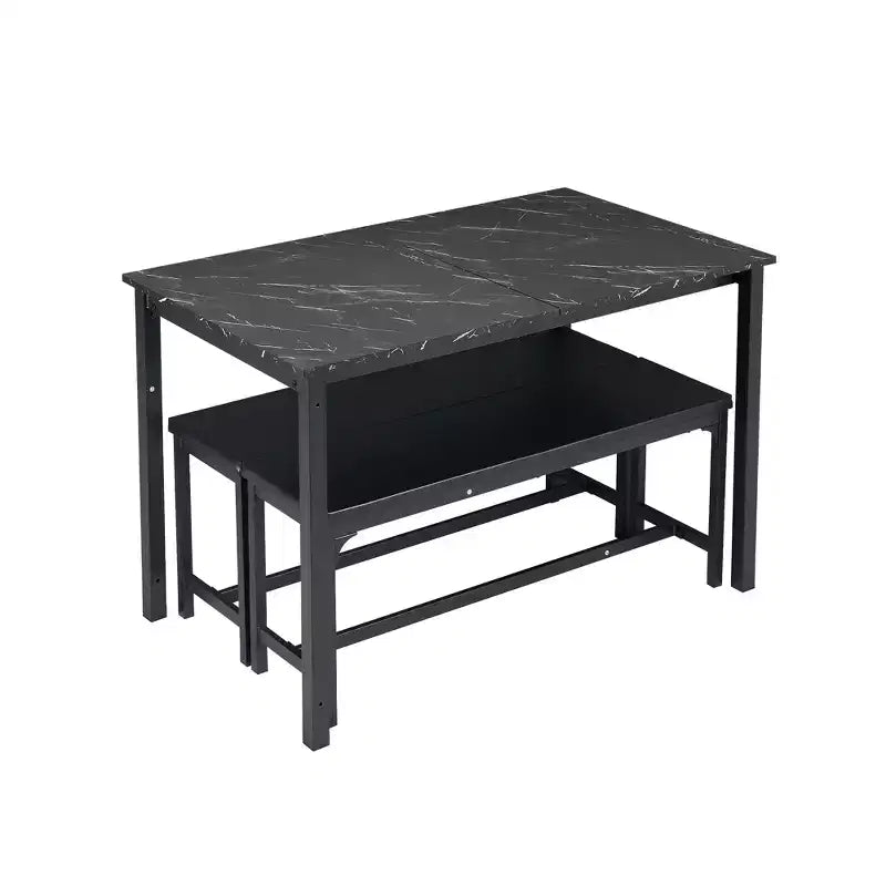 Ensemble table de cuisine extensible 3 pièces VECELO 63" avec bancs, salle à manger moderne pour 8/6/4 personnes, noir/marron/blanc
