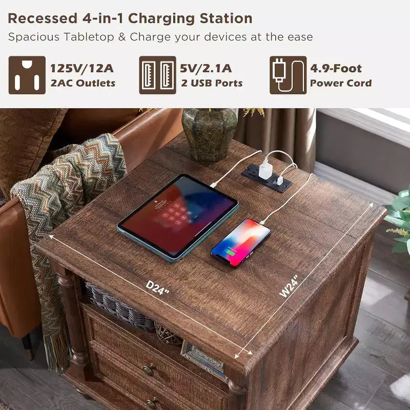 Table de chevet de ferme 24 po avec station de recharge, table d'appoint carrée avec 4 pieds en bois massif et 2 tiroirs pour salon, chambre à coucher