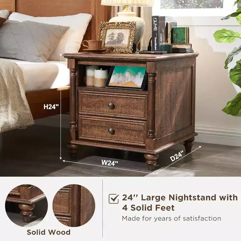 Table de chevet de ferme 24 po avec station de recharge, table d'appoint carrée avec 4 pieds en bois massif et 2 tiroirs pour salon, chambre à coucher