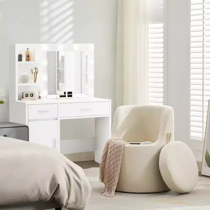 HYLEORY Pouf de maquillage avec rangement, tabouret de vanité rembourré avec dossier pliable, repose-pieds cylindrique moderne pour salon et chambre à coucher