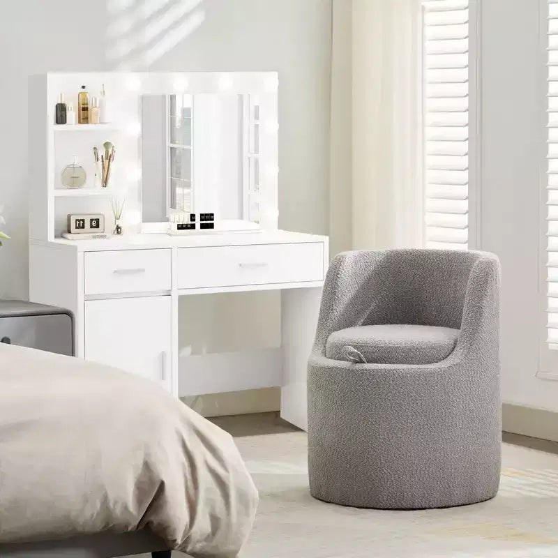 HYLEORY Pouf de maquillage avec rangement, tabouret de vanité rembourré avec dossier pliable, repose-pieds cylindrique moderne pour salon et chambre à coucher