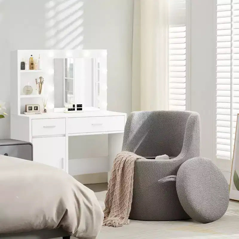 HYLEORY Pouf de maquillage avec rangement, tabouret de vanité rembourré avec dossier pliable, repose-pieds cylindrique moderne pour salon et chambre à coucher