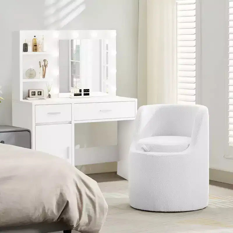 HYLEORY Pouf de maquillage avec rangement, tabouret de vanité rembourré avec dossier pliable, repose-pieds cylindrique moderne pour salon et chambre à coucher