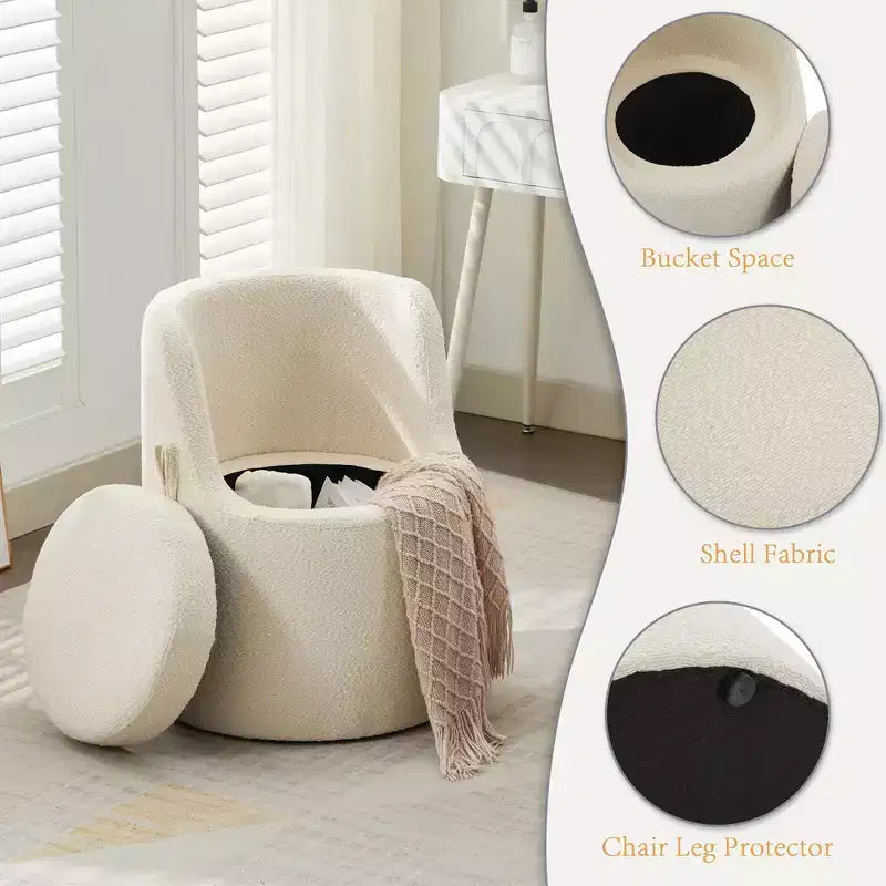 HYLEORY Pouf de maquillage avec rangement, tabouret de vanité rembourré avec dossier pliable, repose-pieds cylindrique moderne pour salon et chambre à coucher