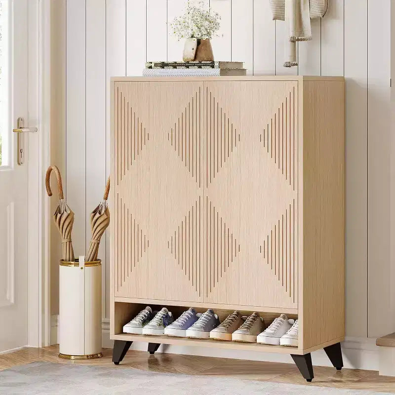 Meuble à chaussures 6 niveaux avec portes, étagère de rangement à chaussures en bois avec étagère réglable