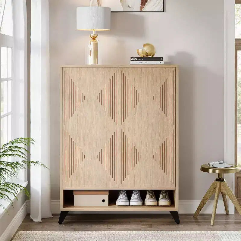 Meuble à chaussures 6 niveaux avec portes, étagère de rangement à chaussures en bois avec étagère réglable