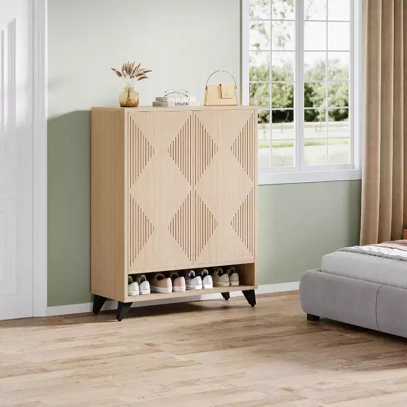 Meuble à chaussures 6 niveaux avec portes, étagère de rangement à chaussures en bois avec étagère réglable