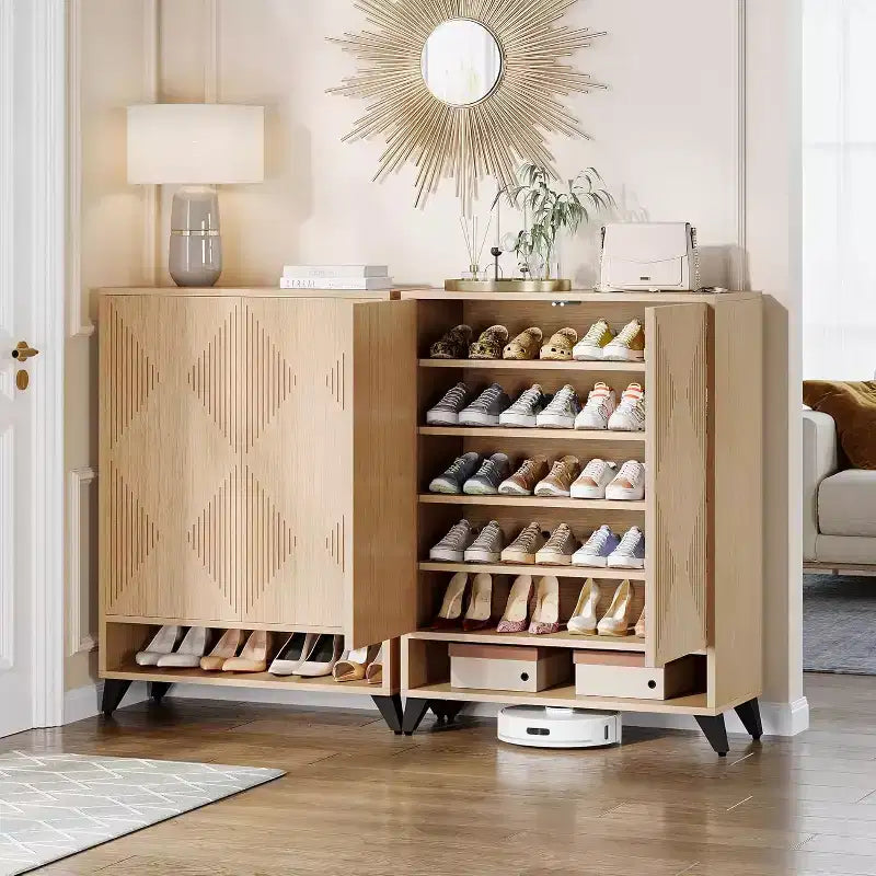 Meuble à chaussures 6 niveaux avec portes, étagère de rangement à chaussures en bois avec étagère réglable