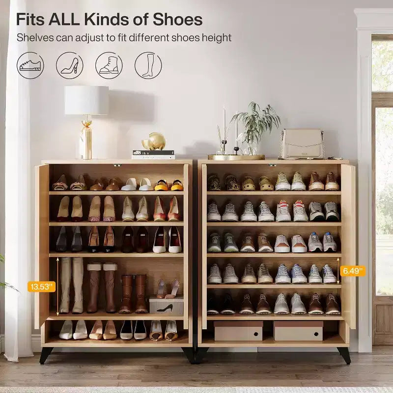 Meuble à chaussures 6 niveaux avec portes, étagère de rangement à chaussures en bois avec étagère réglable