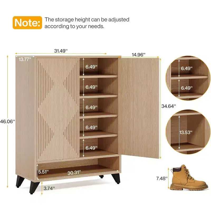 Meuble à chaussures 6 niveaux avec portes, étagère de rangement à chaussures en bois avec étagère réglable