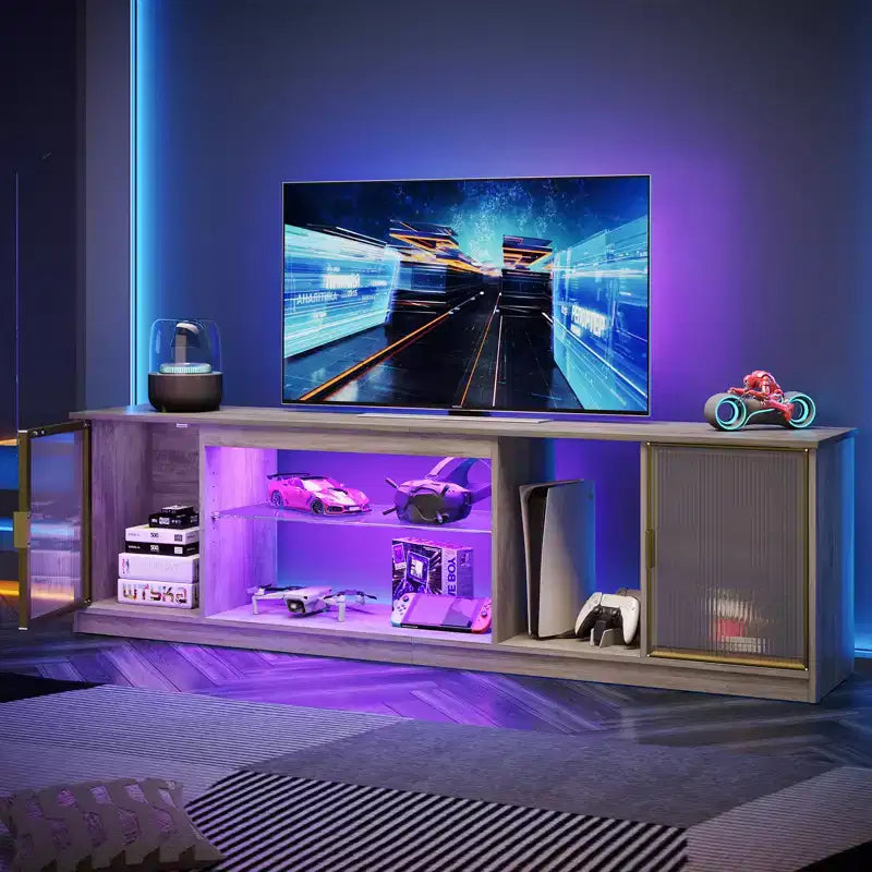 Meuble TV Bestier LED pour téléviseurs jusqu'à 75 pouces, meuble de divertissement avec tiroir et étagères de rangement