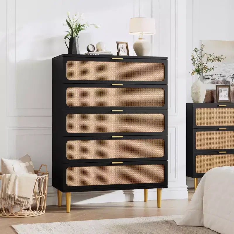 Commode Whizmax en rotin à 5 tiroirs pour chambre à coucher, commode haute avec tiroirs profonds, grande commode pour placard avec plateau large pour salon, couloir