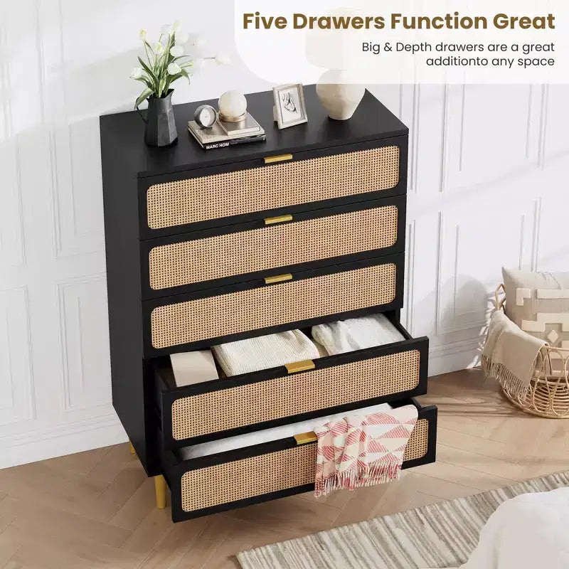 Commode Whizmax en rotin à 5 tiroirs pour chambre à coucher, commode haute avec tiroirs profonds, grande commode pour placard avec plateau large pour salon, couloir
