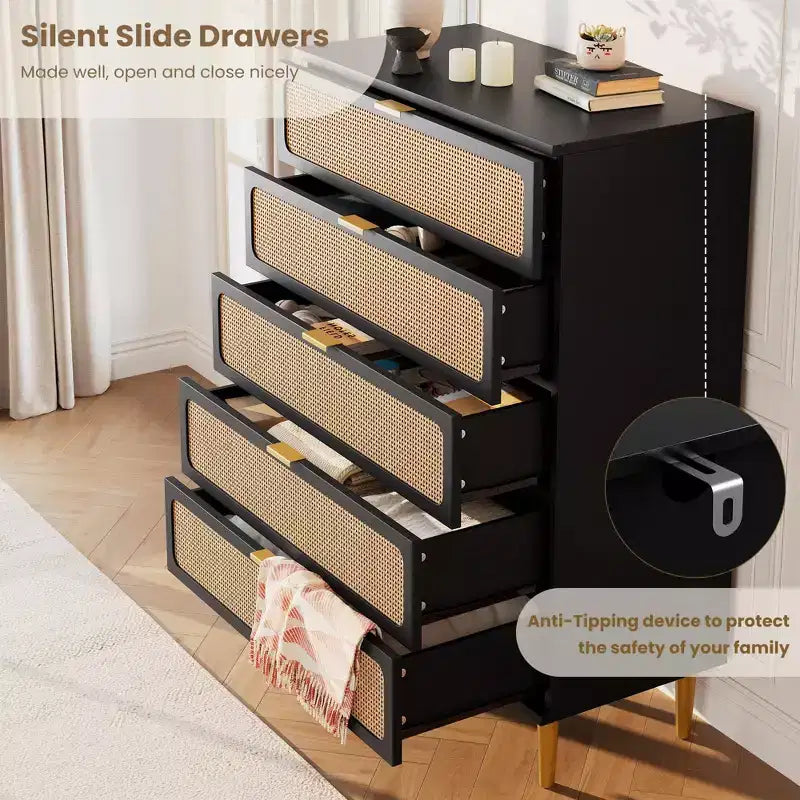 Commode Whizmax en rotin à 5 tiroirs pour chambre à coucher, commode haute avec tiroirs profonds, grande commode pour placard avec plateau large pour salon, couloir