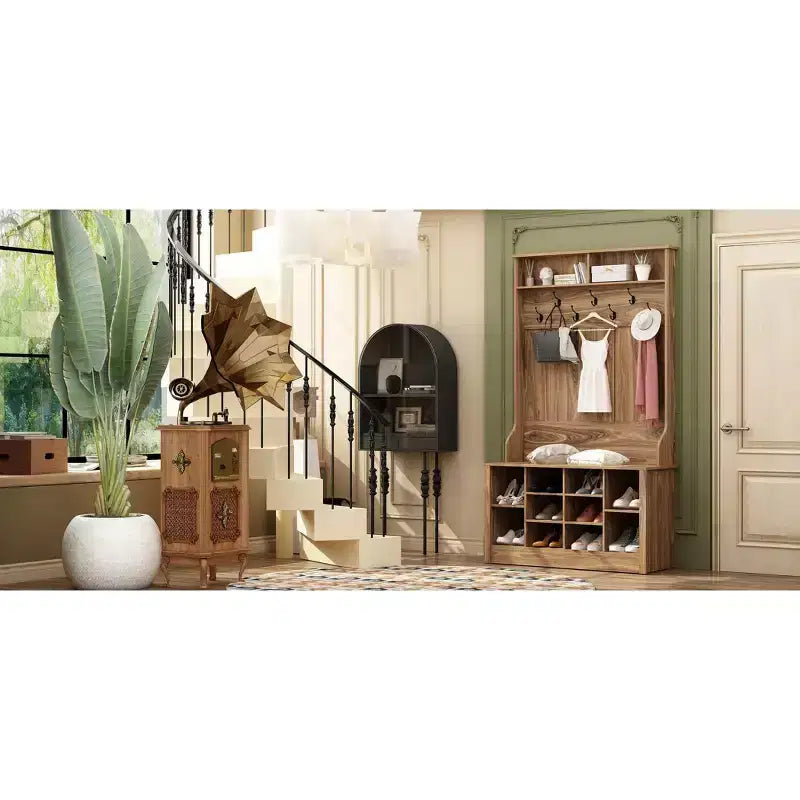 Banc d'entrée 3-en-1 Famapy en bois avec doubles patères et étagères