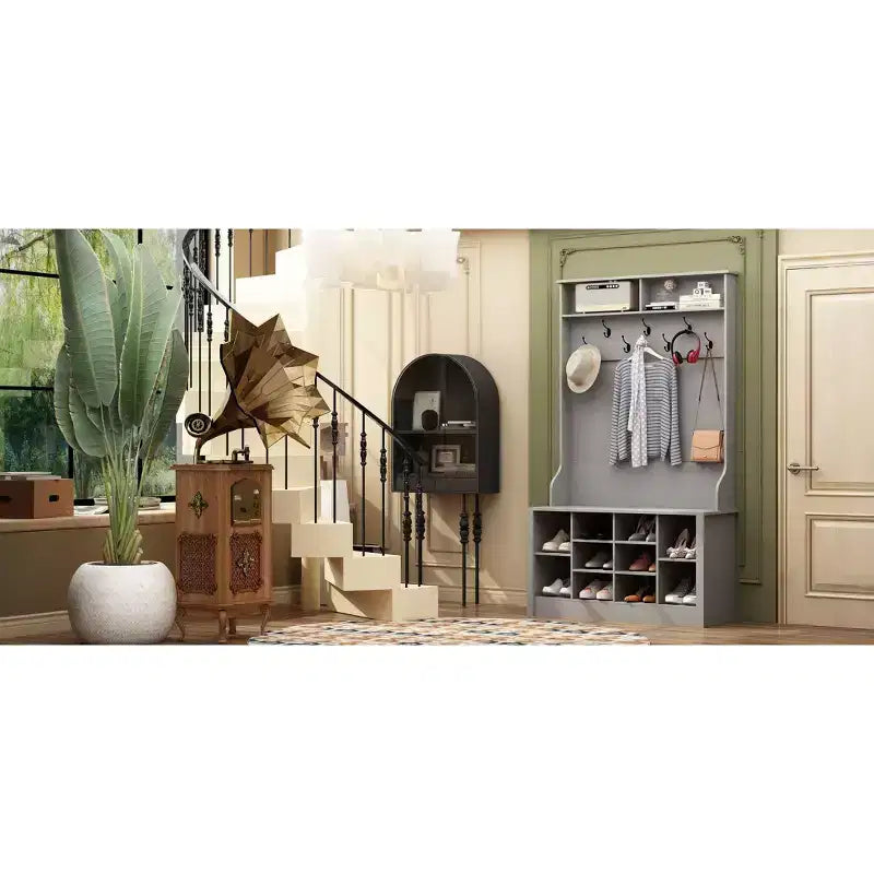 Banc d'entrée 3-en-1 Famapy en bois avec doubles patères et étagères