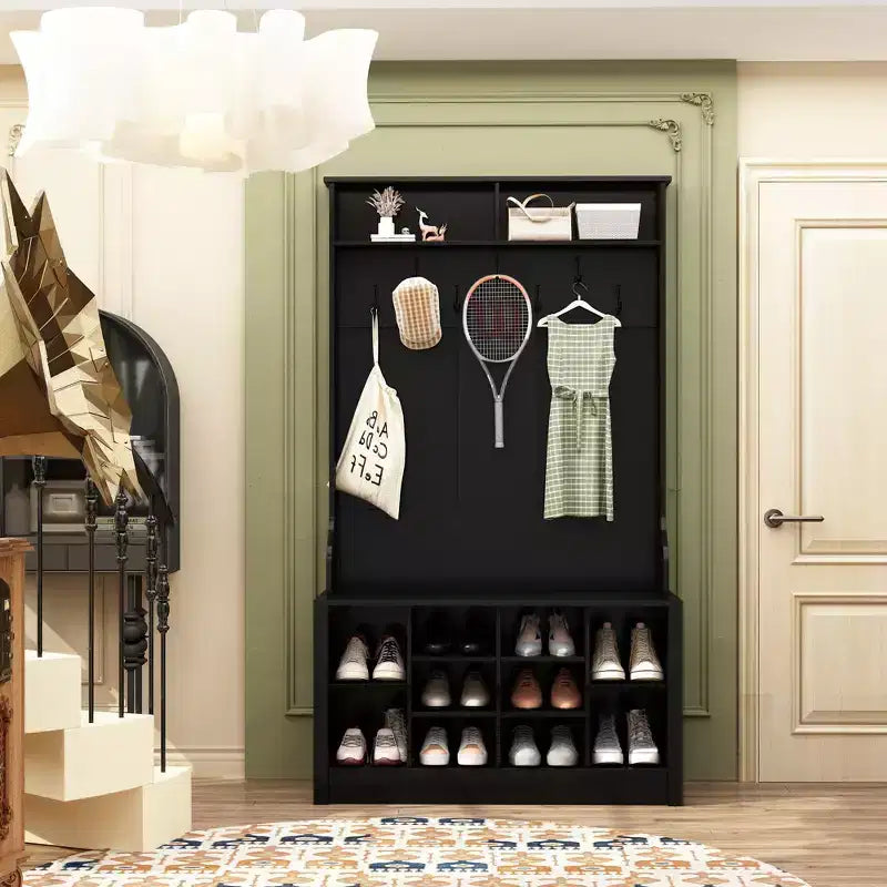 Banc d'entrée 3-en-1 Famapy en bois avec doubles patères et étagères