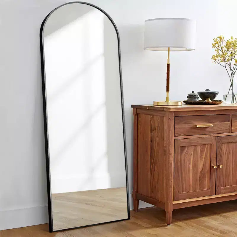 PexFix 64x21 Miroir sur Pied Pleine Longueur avec Cadre Fin en Alliage d'Aluminium, Angle Droit et Arc, Verre HD, Décor Moderne pour Chambre, Salon, Entrée, Noir