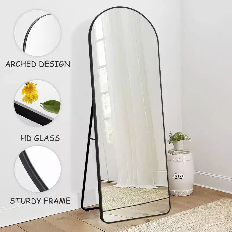 PexFix 64x21 Miroir sur Pied Pleine Longueur avec Cadre Fin en Alliage d'Aluminium, Angle Droit et Arc, Verre HD, Décor Moderne pour Chambre, Salon, Entrée, Noir