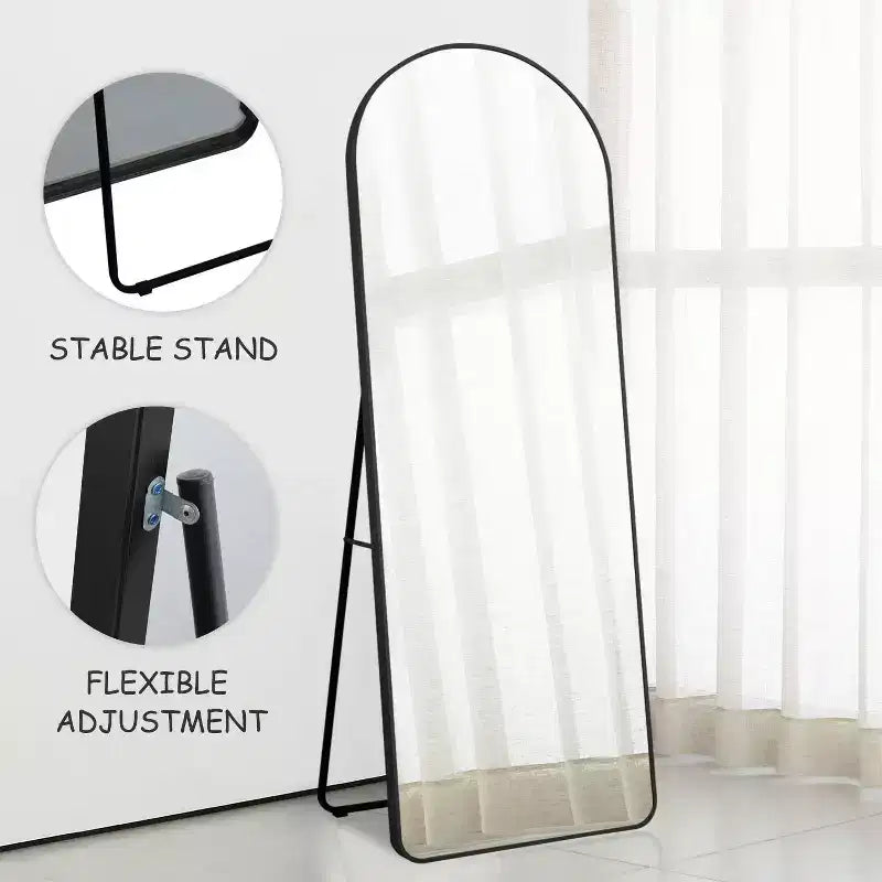 PexFix 64x21 Miroir sur Pied Pleine Longueur avec Cadre Fin en Alliage d'Aluminium, Angle Droit et Arc, Verre HD, Décor Moderne pour Chambre, Salon, Entrée, Noir