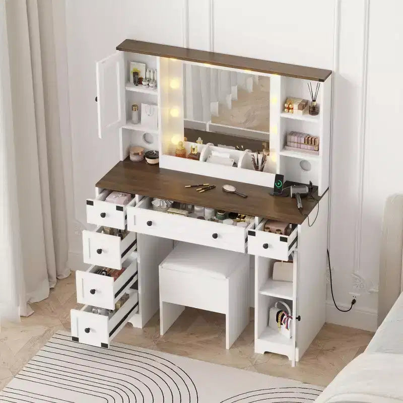 Coiffeuse, Ensemble Table de Maquillage Adulte, Coiffeuse avec Lumières Station de Recharge, Tiroirs, pour Salle de Bain, Chambre, Blanc