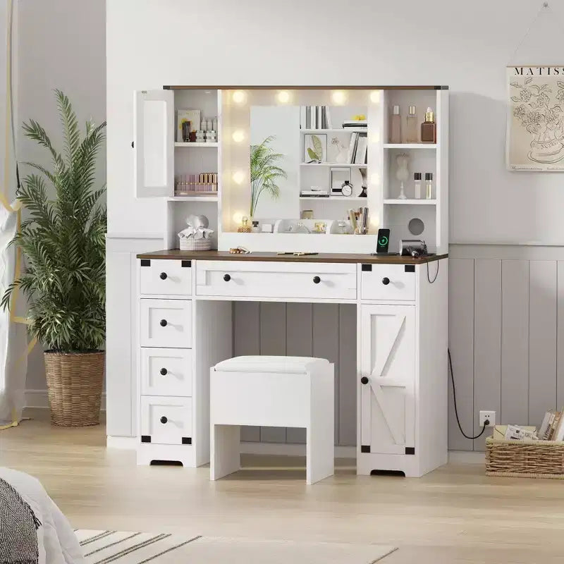 Coiffeuse, Ensemble Table de Maquillage Adulte, Coiffeuse avec Lumières Station de Recharge, Tiroirs, pour Salle de Bain, Chambre, Blanc