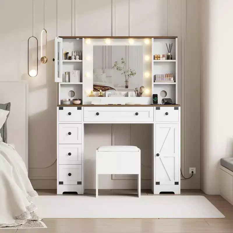 Coiffeuse, Ensemble Table de Maquillage Adulte, Coiffeuse avec Lumières Station de Recharge, Tiroirs, pour Salle de Bain, Chambre, Blanc