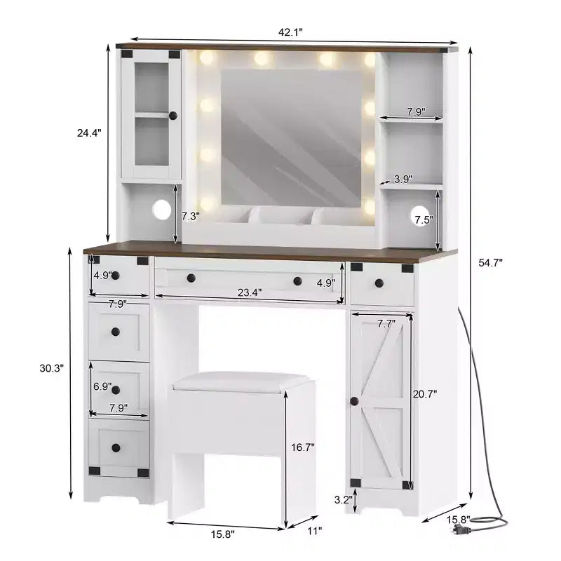 Coiffeuse, Ensemble Table de Maquillage Adulte, Coiffeuse avec Lumières Station de Recharge, Tiroirs, pour Salle de Bain, Chambre, Blanc