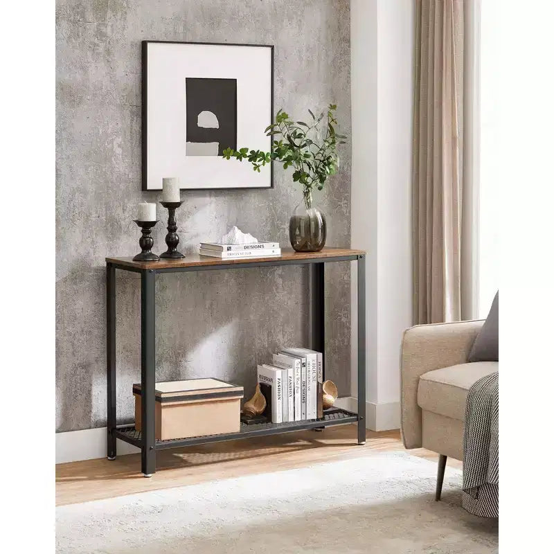 Console, table d'entrée à 2 niveaux avec étagère en treillis, table de canapé étroite, cadre en acier, pieds réglables Marron rustique et noir