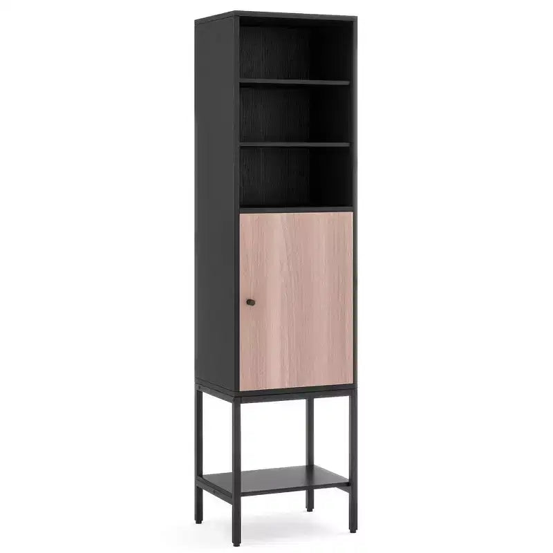 Meuble Colonne de Salle de Bain Costway de 57 po avec 1 Porte et 4 Étagères, Meuble Autonome Noir/Blanc