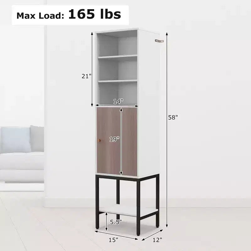 Meuble Colonne de Salle de Bain Costway de 57 po avec 1 Porte et 4 Étagères, Meuble Autonome Noir/Blanc